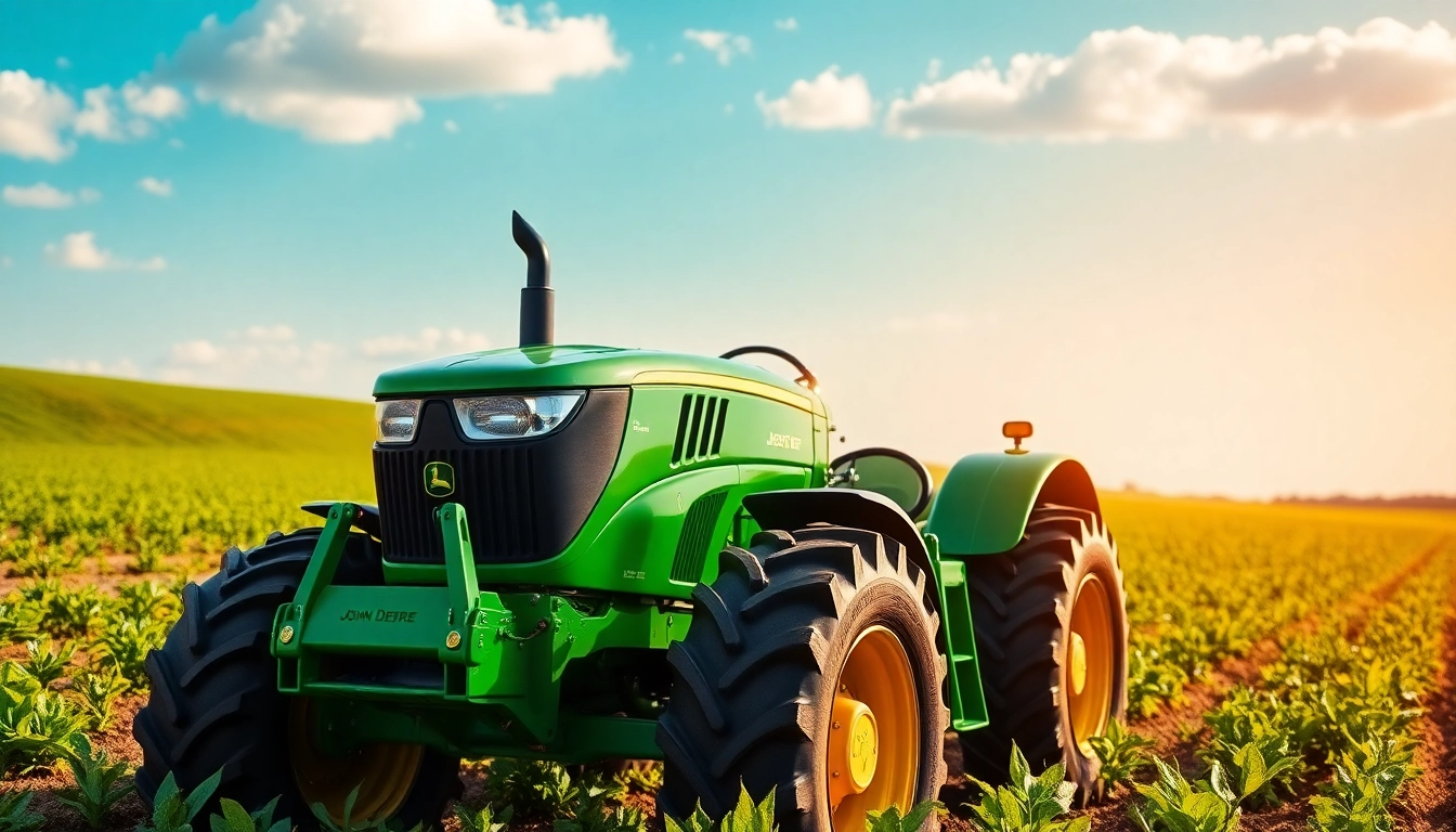 John Deere Traktor auf einem fruchtbaren Feld, das die Landwirtschaftsinnovation zeigt.