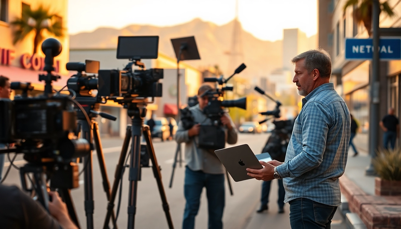 Capture of a film crew in action showing Phoenix Video Production equipment and vibrant street backdrop.