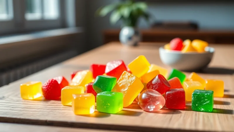 CBD Gummies in vibrant colors arranged on a wooden table, showcasing variety and wellness benefits.