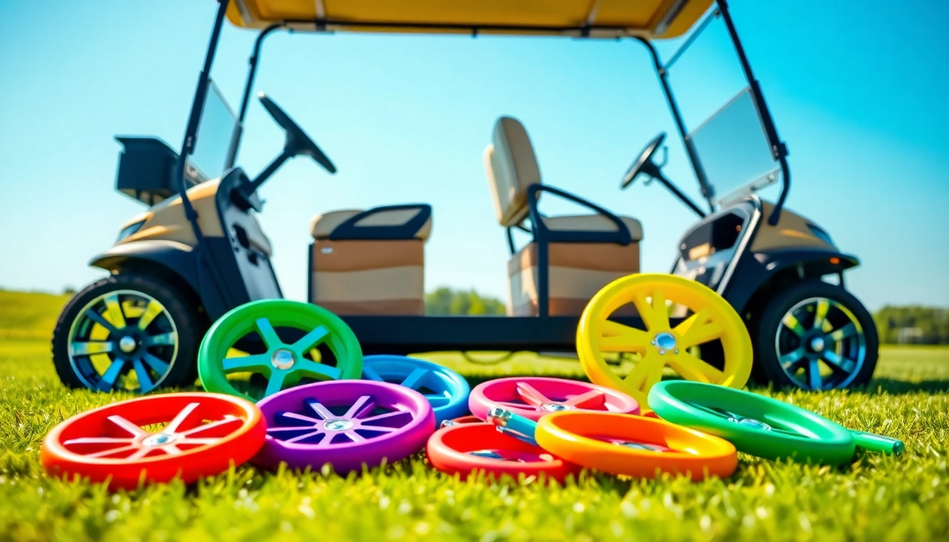 Enhance your golf cart accessories with vibrant and stylish options in a scenic outdoor setting.
