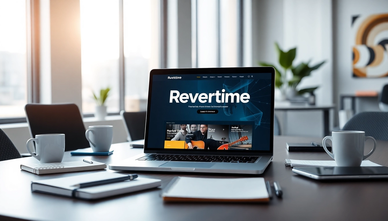 Showcase of a digital workspace featuring Reverbtime Magazine on a laptop amid business props.