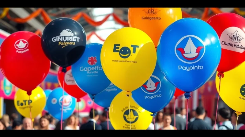 Print balloons with your logo showcased at a vibrant event, highlighting festive colors and logo designs.