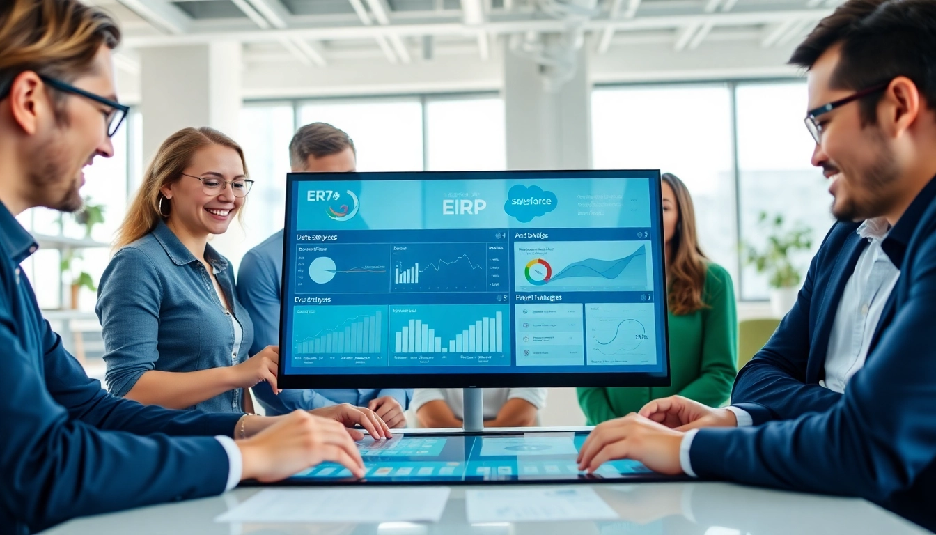 Streamline operations through ERP on Salesforce with a professional team interacting with technology.