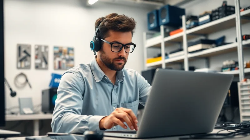 Offering computer help, a technician repairs a laptop in a modern workspace.