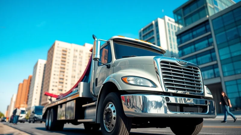 Provide reliable Towing Service in an urban setting featuring a shiny tow truck and city background.