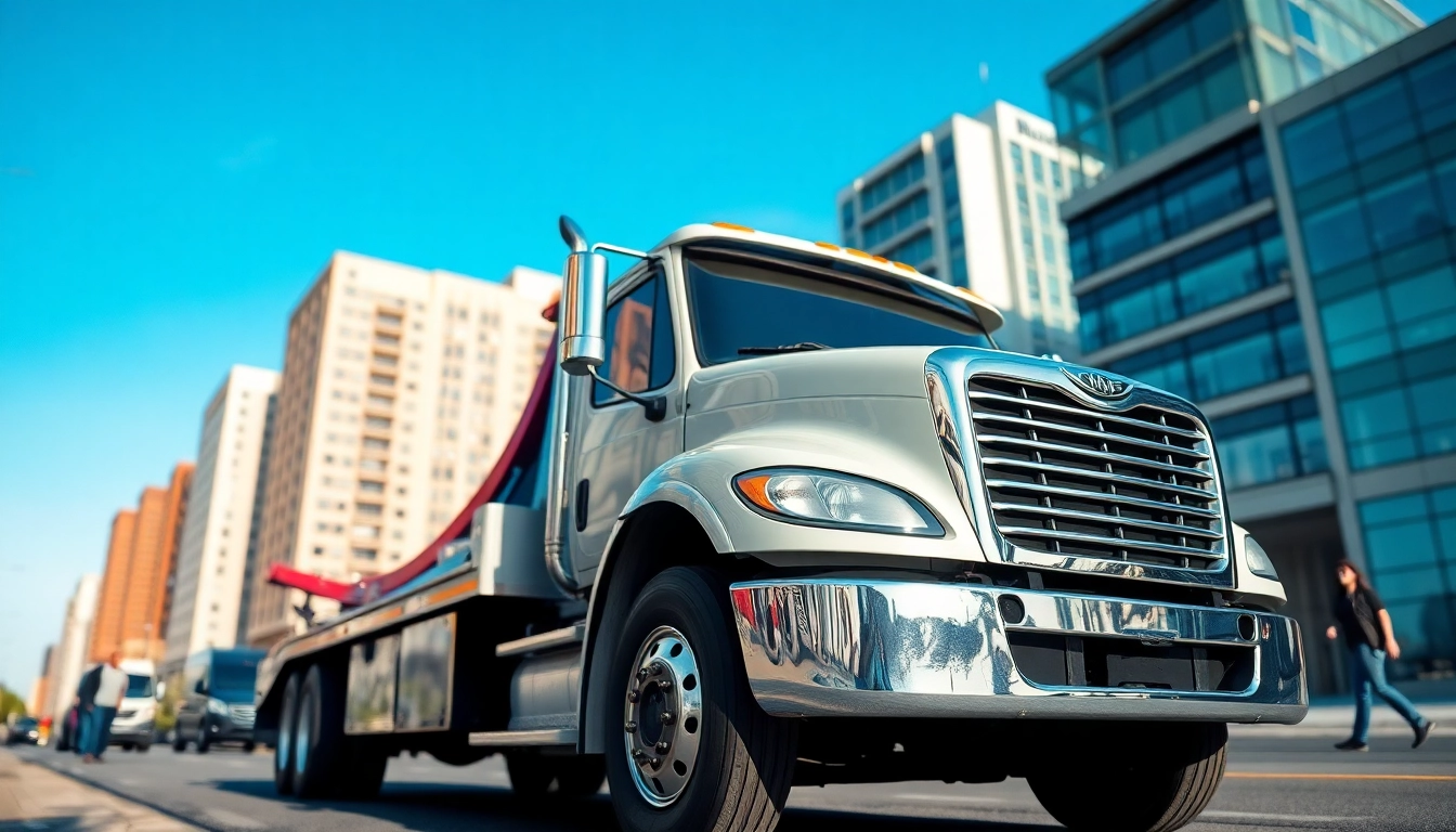 Provide reliable Towing Service in an urban setting featuring a shiny tow truck and city background.