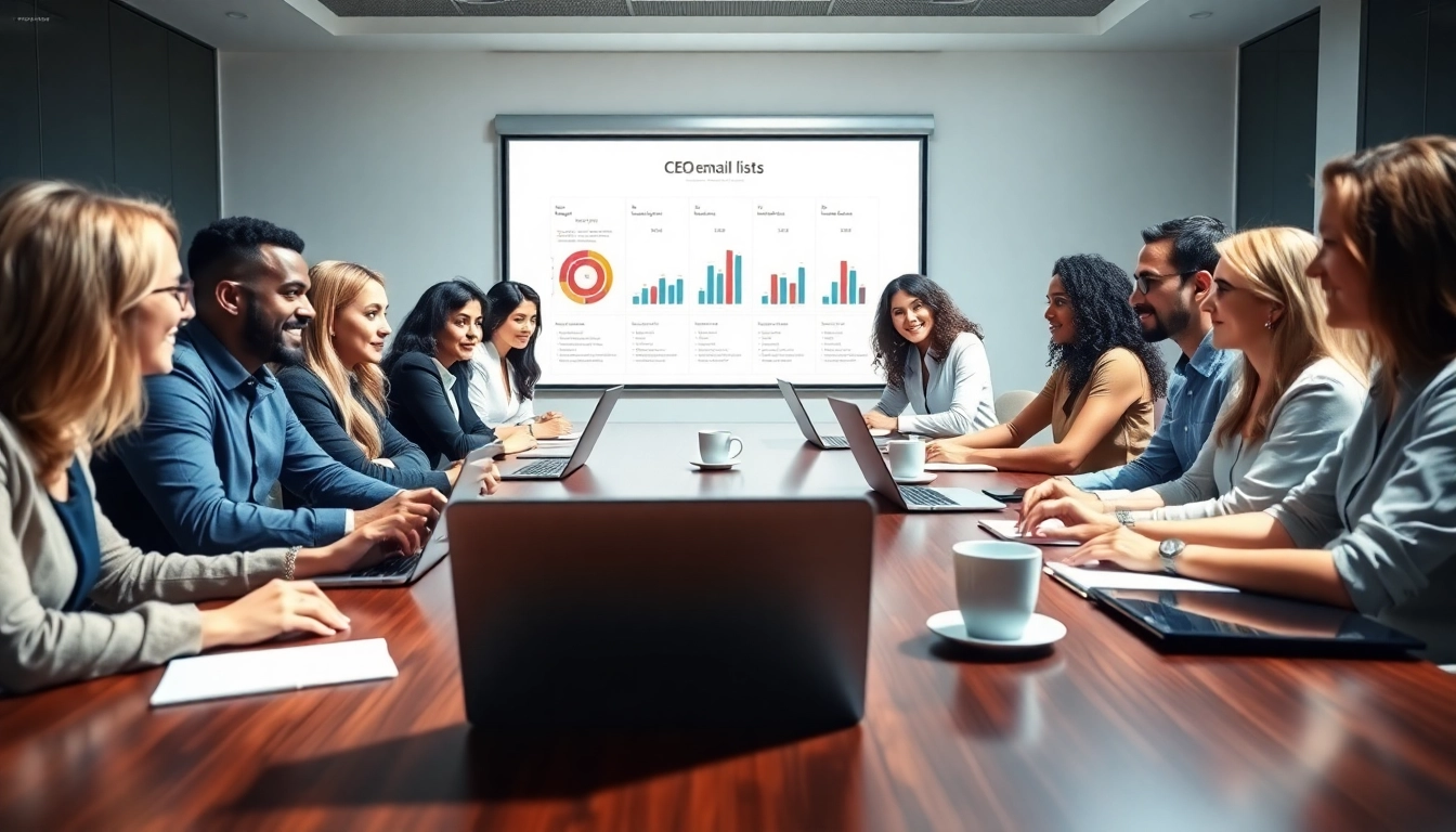 Collaborative meeting focused on a ceo email list strategy, featuring diverse professionals and modern office setting.