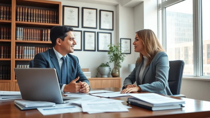 Engaged Chicago personal injury attorney consulting with a client in a modern office.