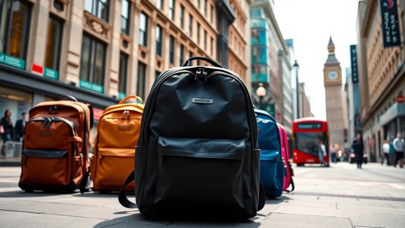 Discover the diverse options from the London Backpack brand showcased in an urban setting.