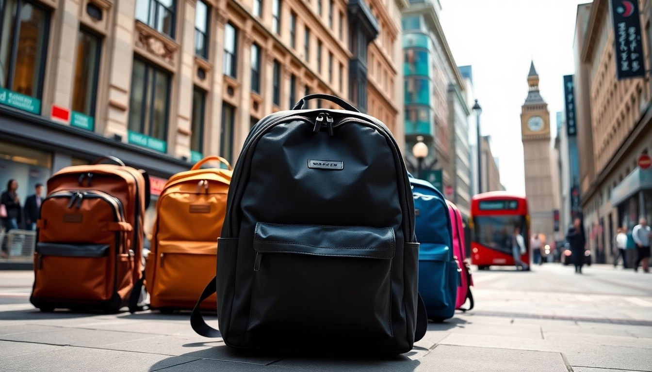 Discover the diverse options from the London Backpack brand showcased in an urban setting.