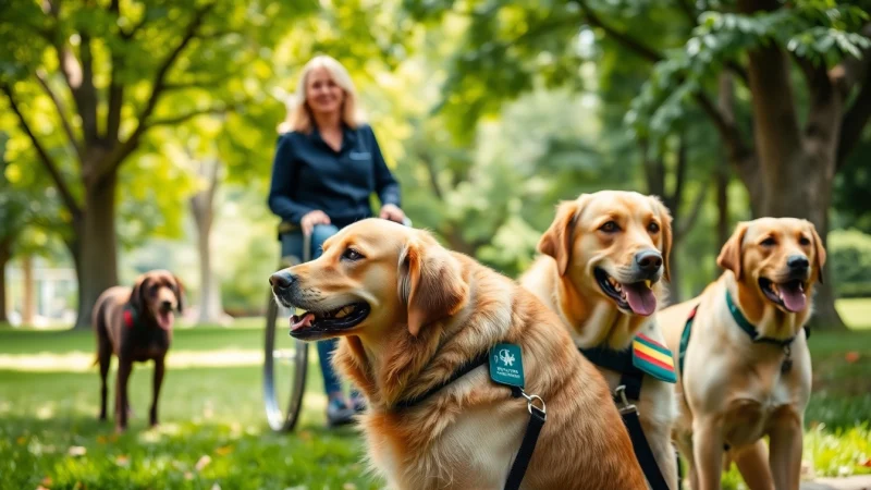Service dogs assisting their handlers in a park, showcasing their important roles.