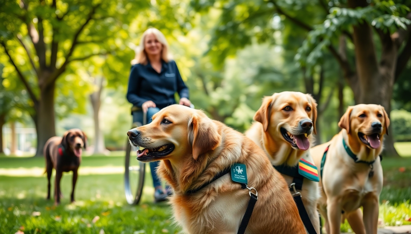Service dogs assisting their handlers in a park, showcasing their important roles.