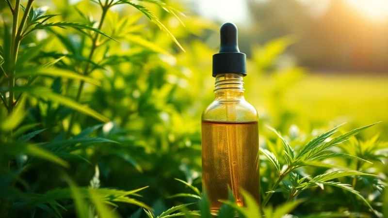 Showcase premium cbd organics oil in a serene natural setting filled with green hemp plants.