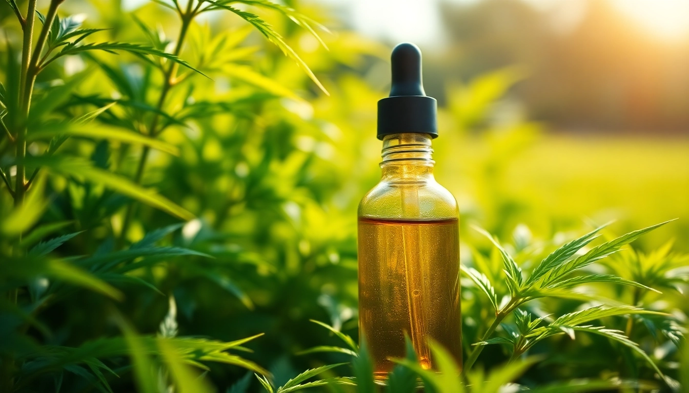 Showcase premium cbd organics oil in a serene natural setting filled with green hemp plants.