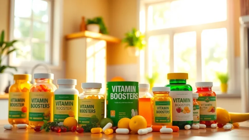 Explore Vitamin Boosters displayed appealingly in a bright kitchen, radiating health and vitality.