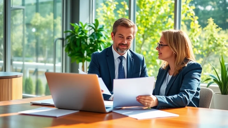 Engaging tax consultant discussing pea ridge tax service with a client in a bright office.