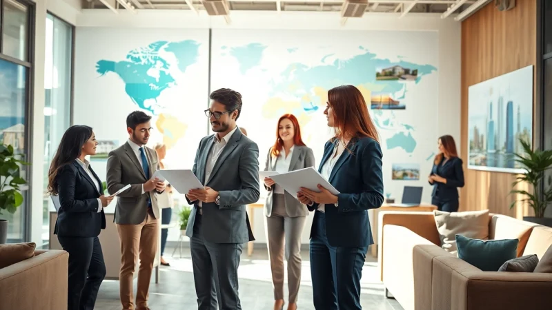 Agents collaborating on international real estate listings in a vibrant office setting