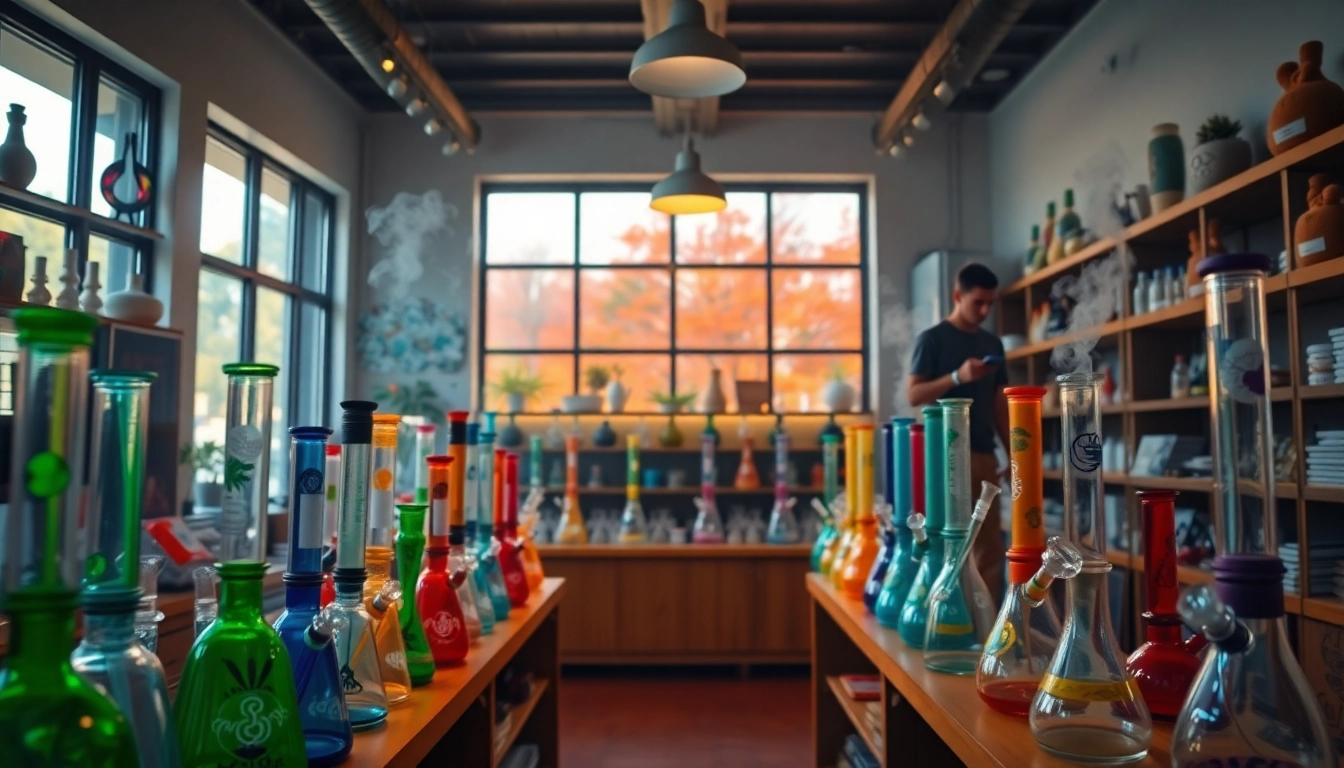 Shop for premium glass bongs for sale in a vibrant smoke shop showcasing various unique designs