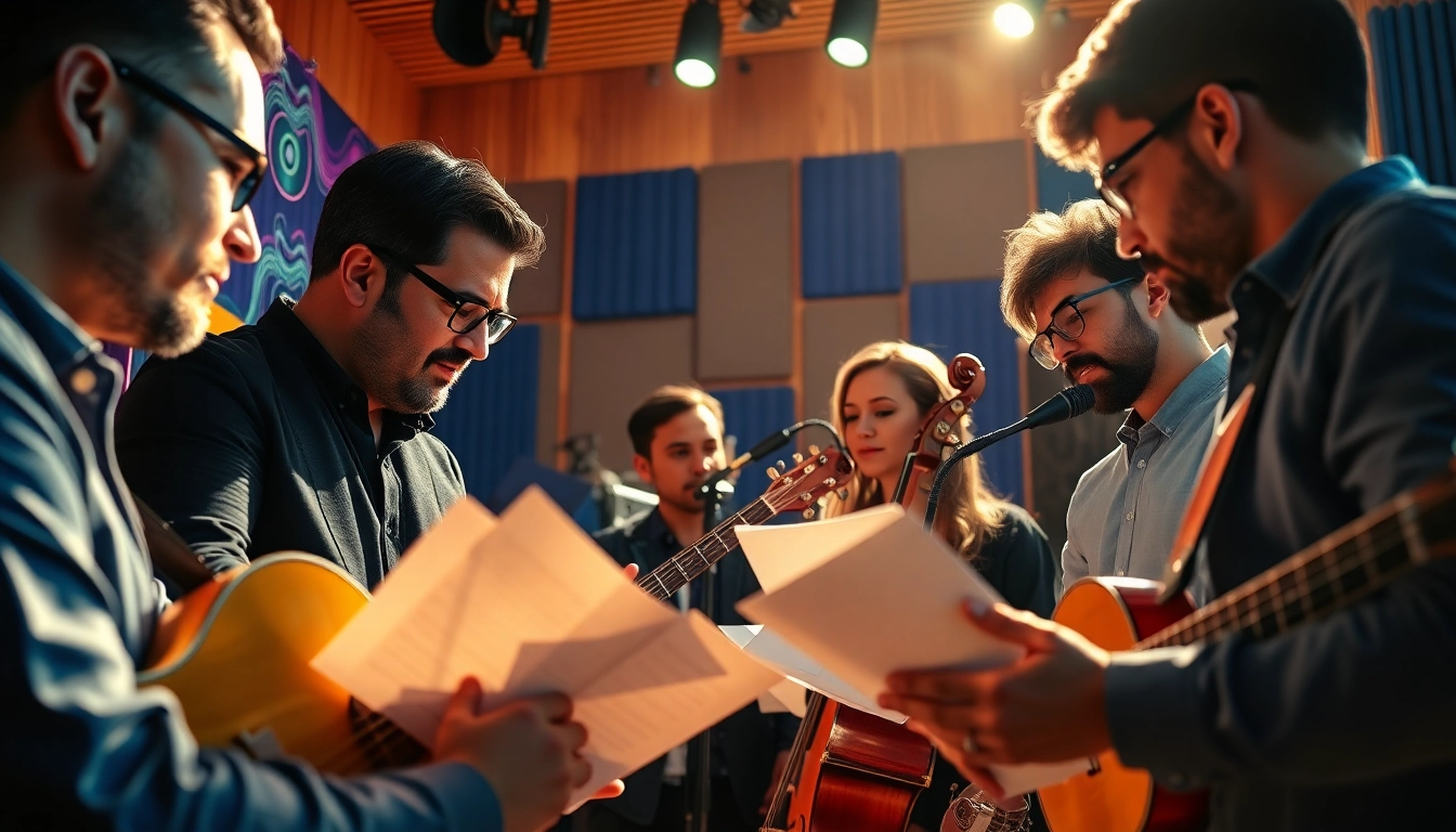 Showcasing music promotion services with musicians collaborating in a vibrant studio.