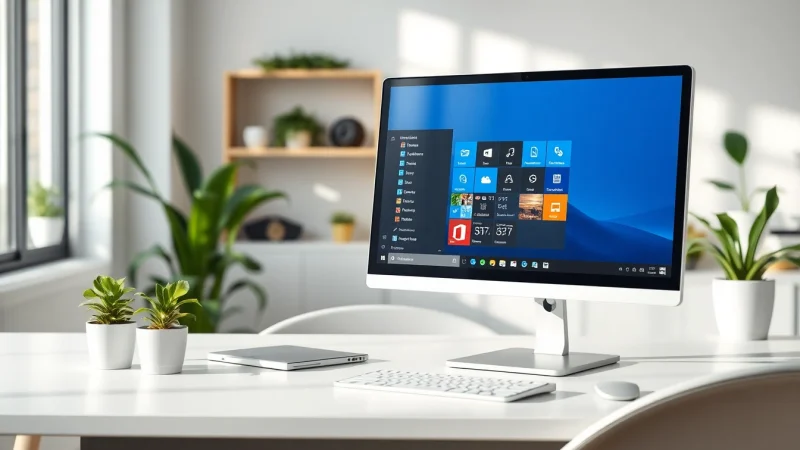 Windows 11 Pro Bildschirm in einem modernen Büro mit Tools zur Produktivitätssteigerung.