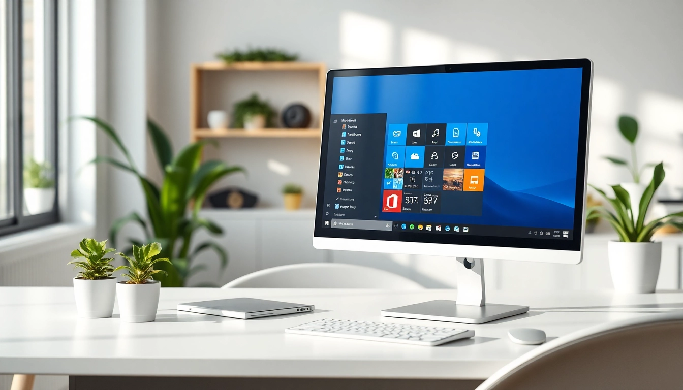Windows 11 Pro Bildschirm in einem modernen Büro mit Tools zur Produktivitätssteigerung.