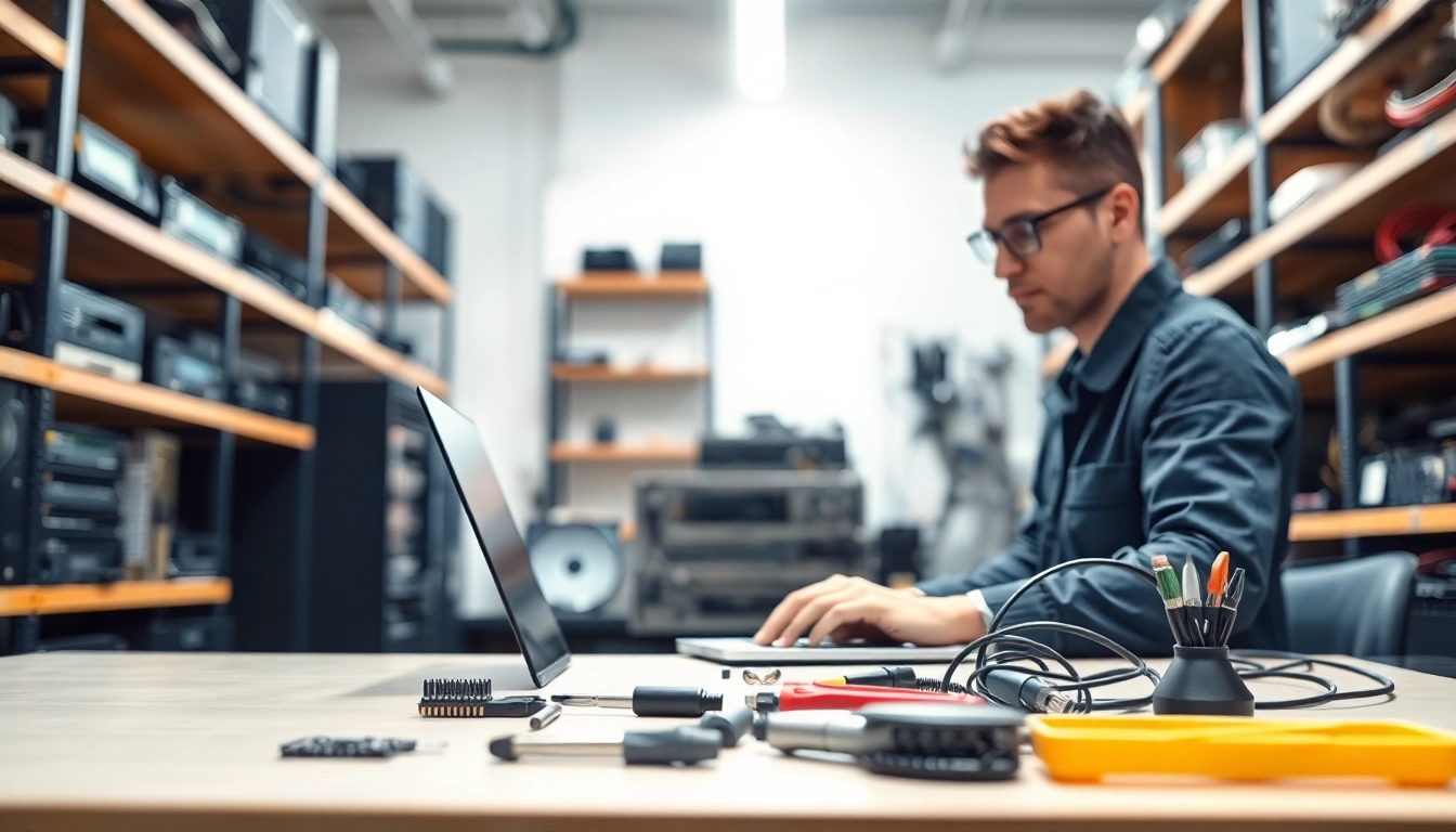 Technician performing computer repair on a laptop in a well-equipped workshop.