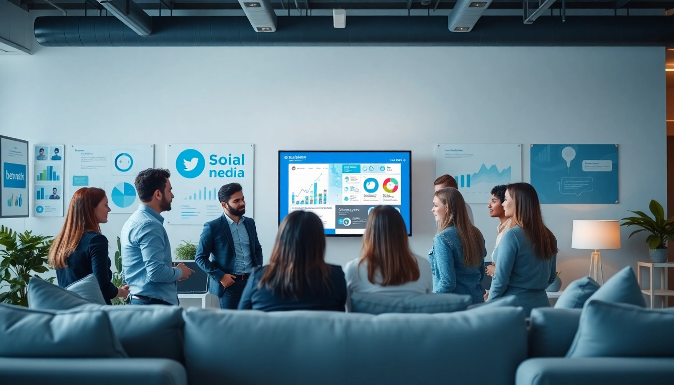 Dynamic interaction at a social media agency, demonstrating teamwork and creativity.