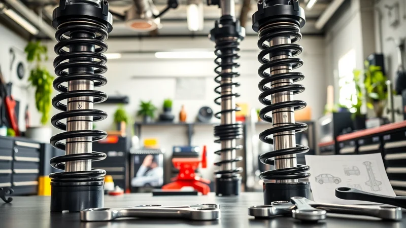 Taller suspension system showcased in a professional automotive setup with tools.