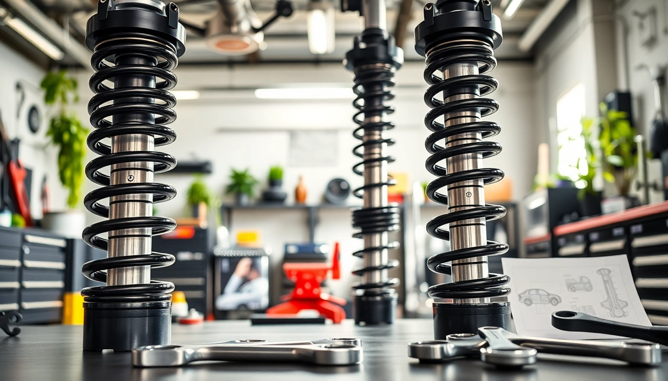 Taller suspension system showcased in a professional automotive setup with tools.