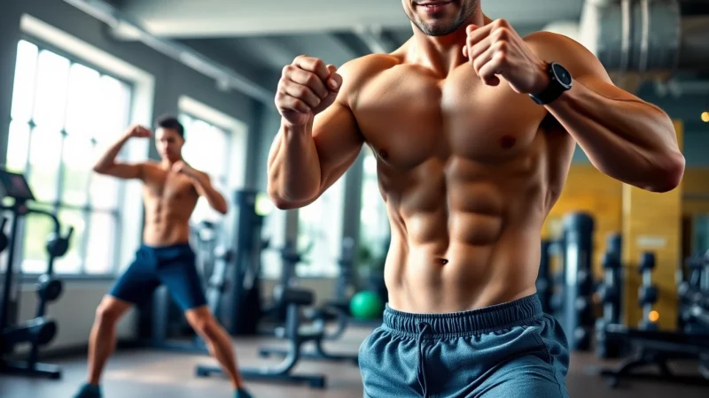 Trainer toont krachtige oefeningen voor het verkrijgen van een sixpack in de sportschool.