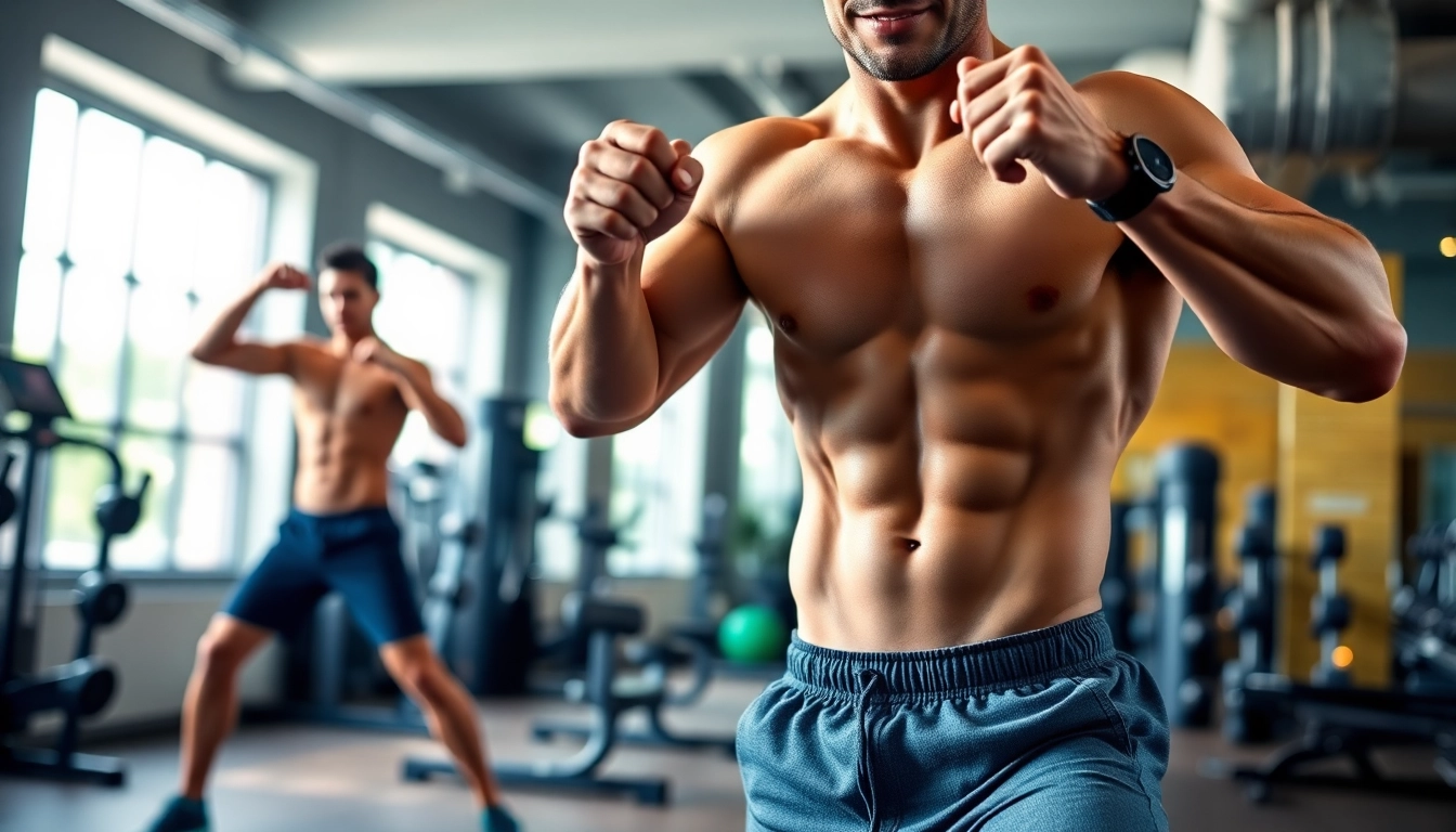 Trainer toont krachtige oefeningen voor het verkrijgen van een sixpack in de sportschool.