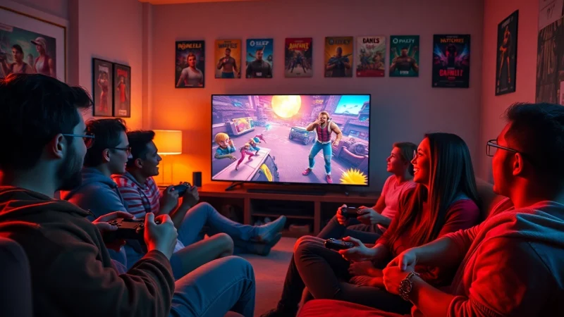 Gamers enjoying intense moments while playing ps4 games in a vibrant living room.
