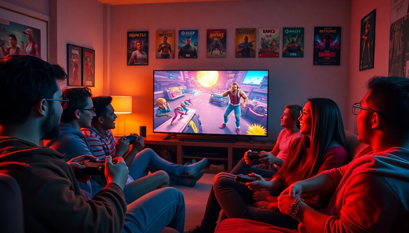 Gamers enjoying intense moments while playing ps4 games in a vibrant living room.