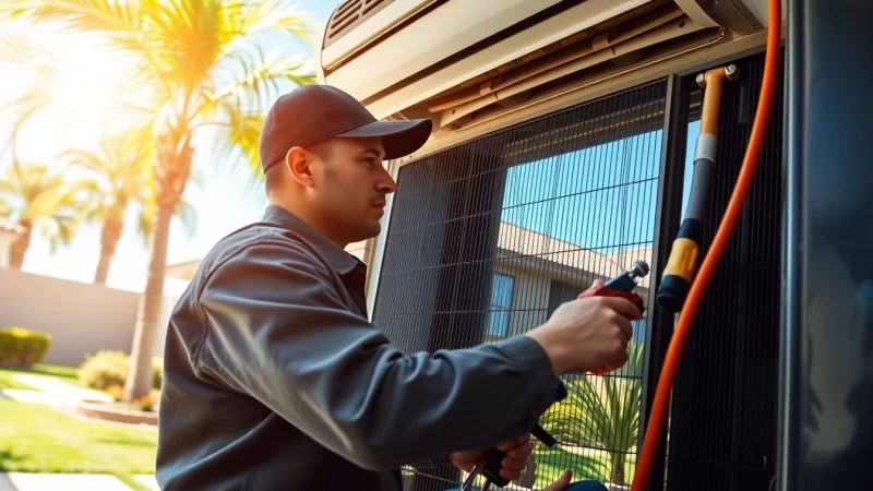 HVAC technician repairing a Scottsdale AC unit in a sunny residential environment.