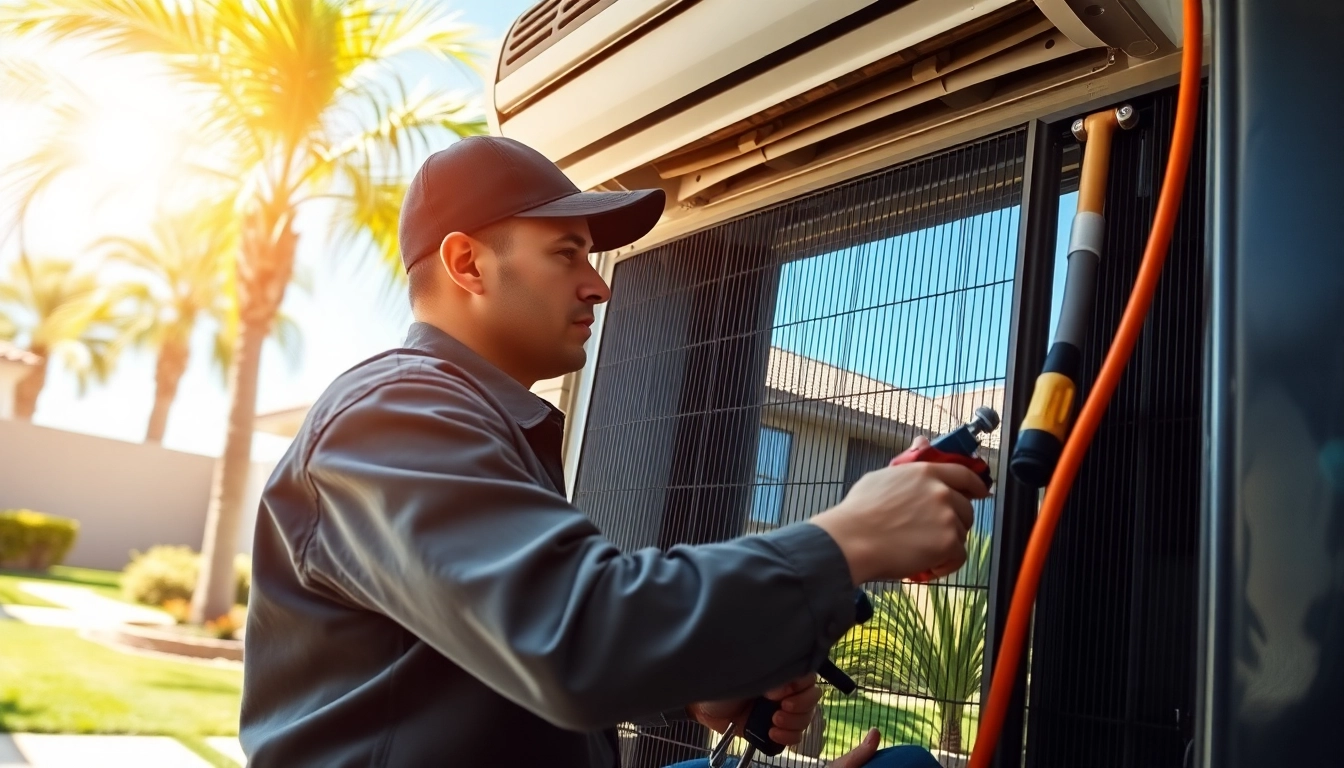 HVAC technician repairing a Scottsdale AC unit in a sunny residential environment.