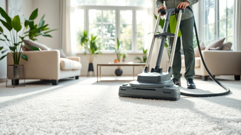 Expert performing carpet cleaning Isle of Man service in a bright living room with plush carpets.