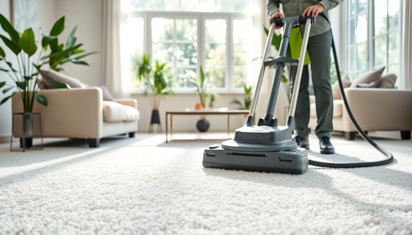 Expert performing carpet cleaning Isle of Man service in a bright living room with plush carpets.