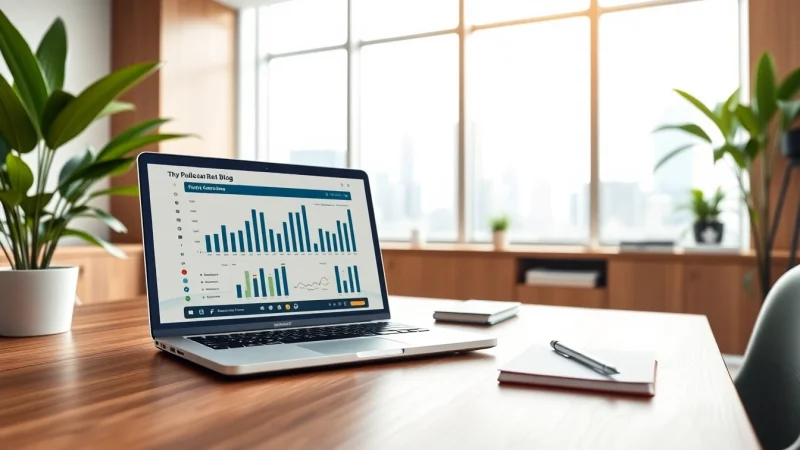 Engaging workspace showcasing a real estate blog setup with market insights on a laptop.