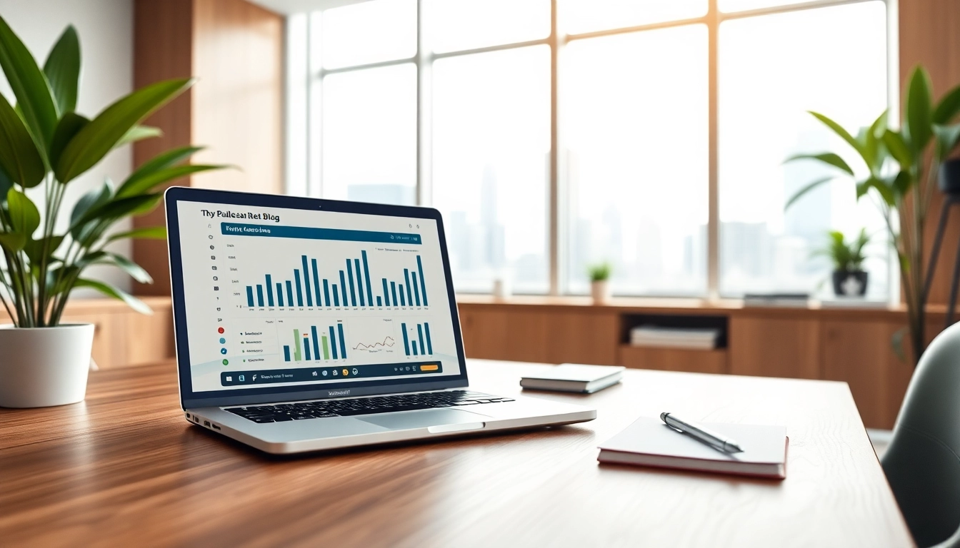 Engaging workspace showcasing a real estate blog setup with market insights on a laptop.