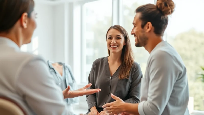 Engaging consultation about a fat program in a modern medical spa setting.