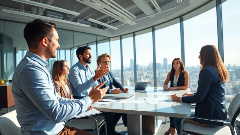 Engaged purchasing consultant collaborating with a diverse team in a bright office.