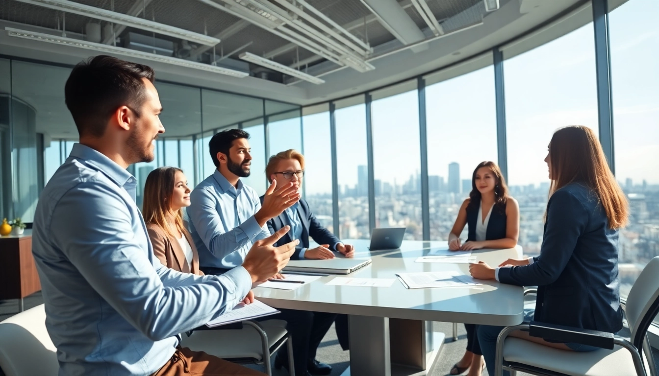 Engaged purchasing consultant collaborating with a diverse team in a bright office.