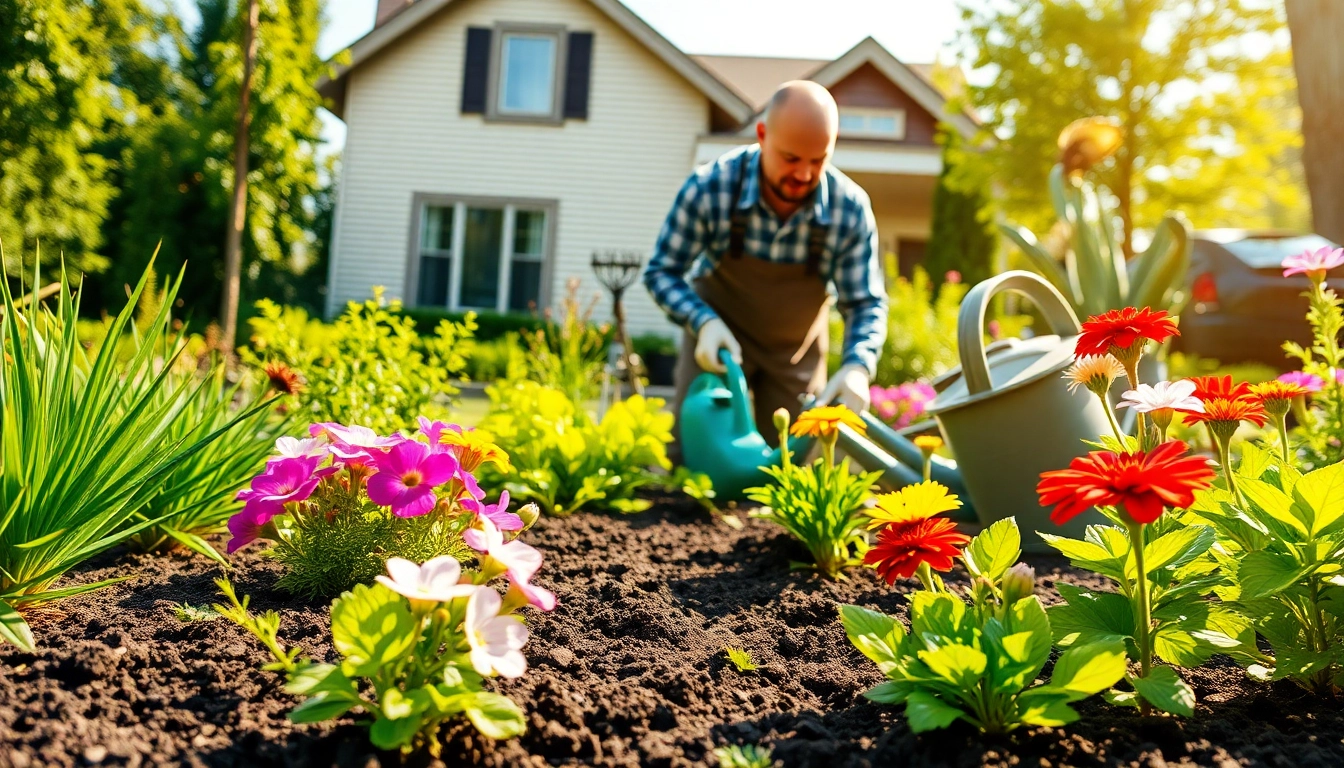 Engaged landscaping contractor Coquitlam shaping a beautiful garden landscape.