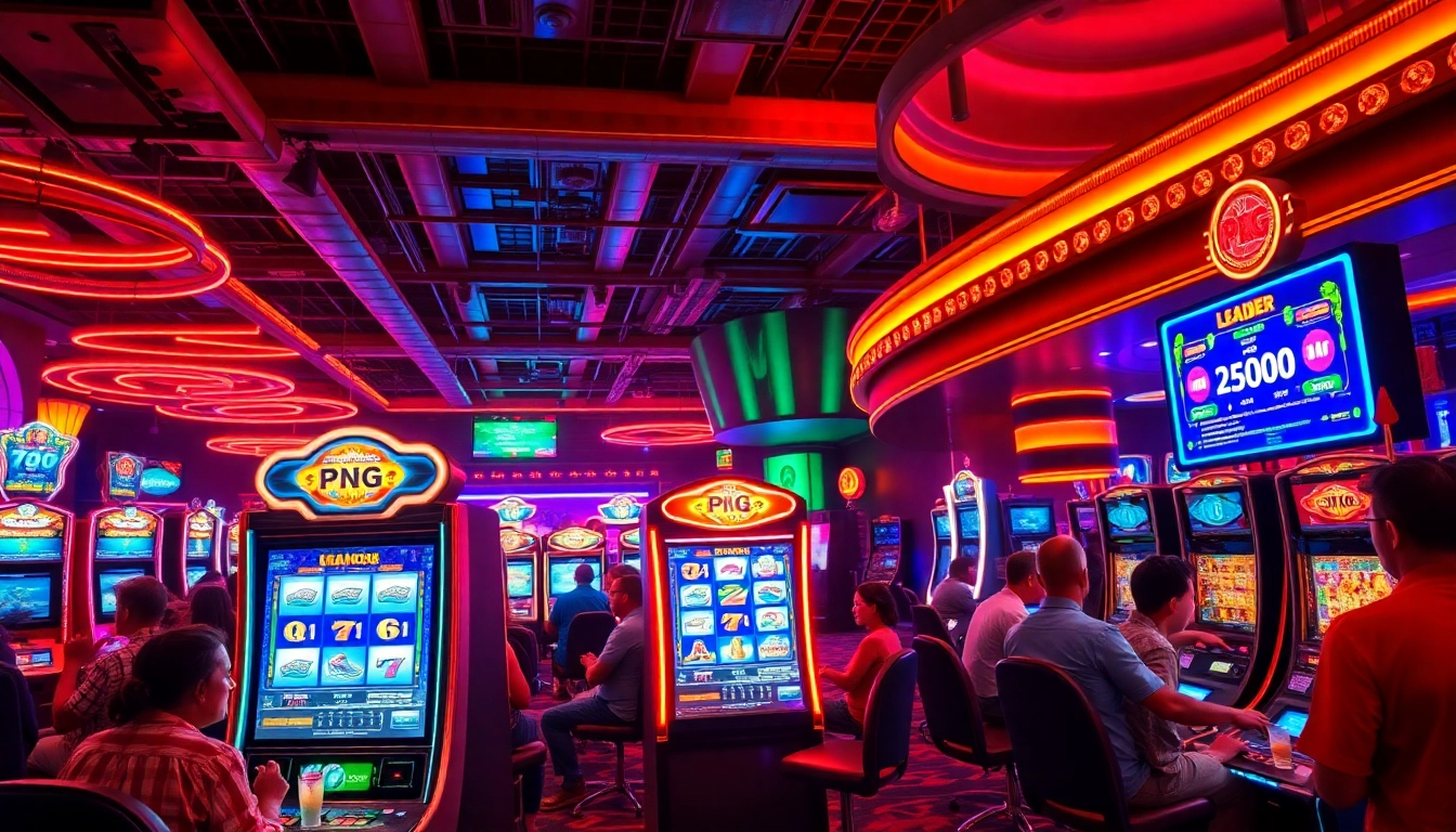 Engaging pgslot gaming experience with illuminated slot machines and enthusiastic players in a vibrant casino.
