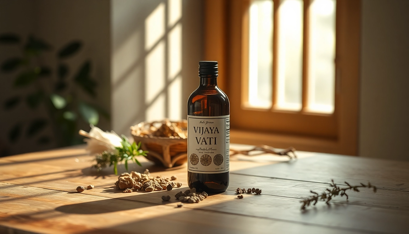Discover the benefits of Vijaya Vati with natural herbs displayed elegantly.
