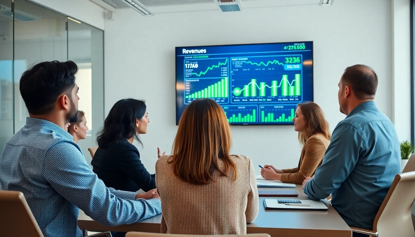 RevenueRocketLab showcases team discussing financial metrics and growth strategies in a modern office.