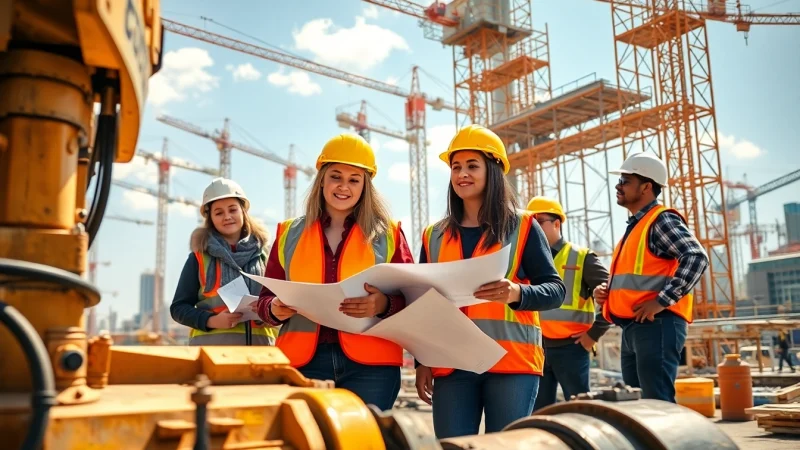 Explore careers in construction with a diverse team actively working on a vibrant job site.