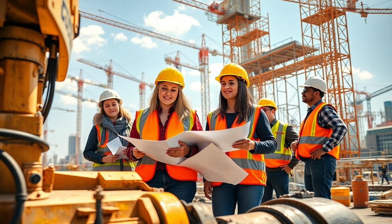 Explore careers in construction with a diverse team actively working on a vibrant job site.