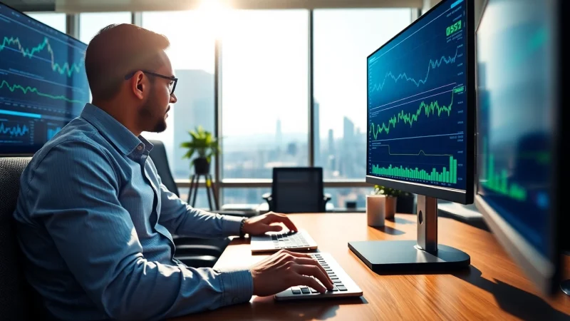 Engaged trader examining forex trading charts in a modern office.