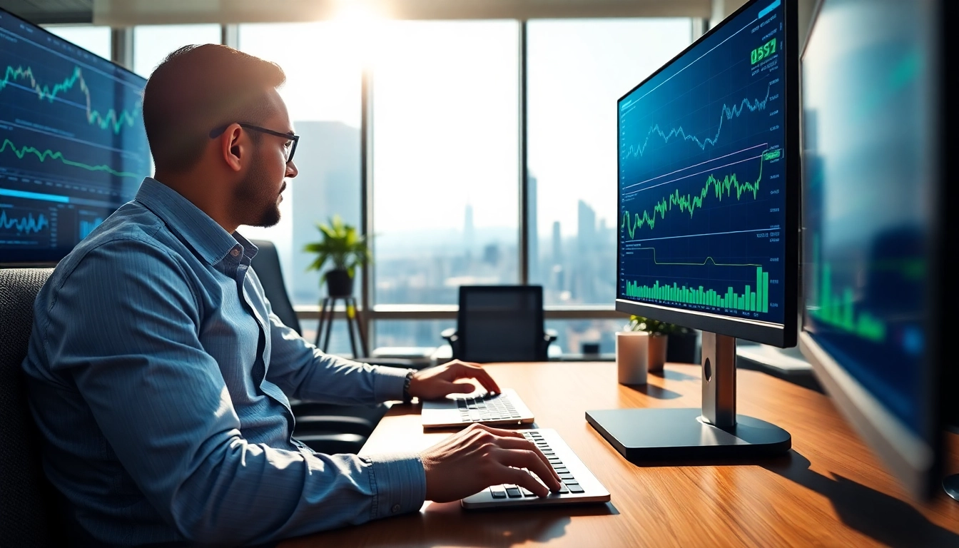 Engaged trader examining forex trading charts in a modern office.